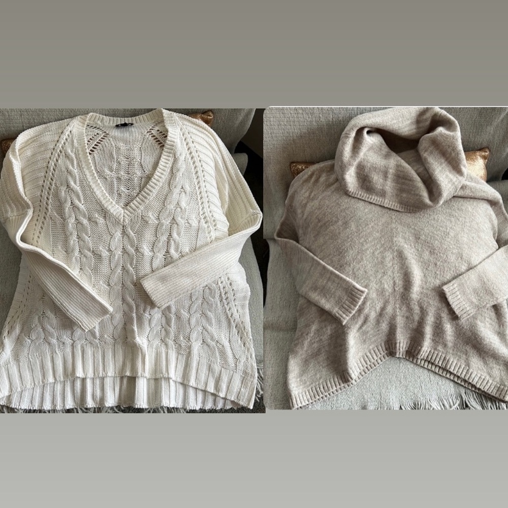 Lot of 2 Express White Cream Tan Beige Sweaters Cable Knit Bundle Cowl Neck set
